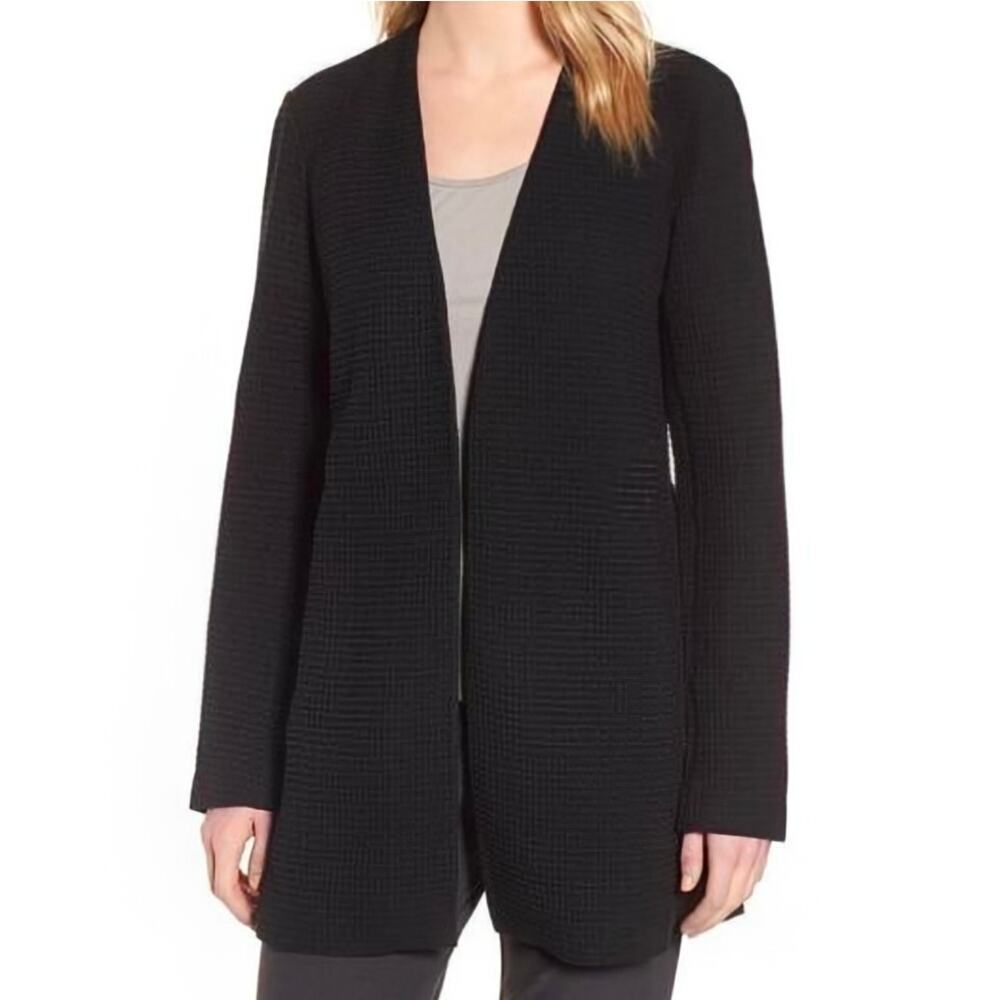 Eileen Fisher Tencel Geometric Textured Waffle Knit Front Cardigan Jacket